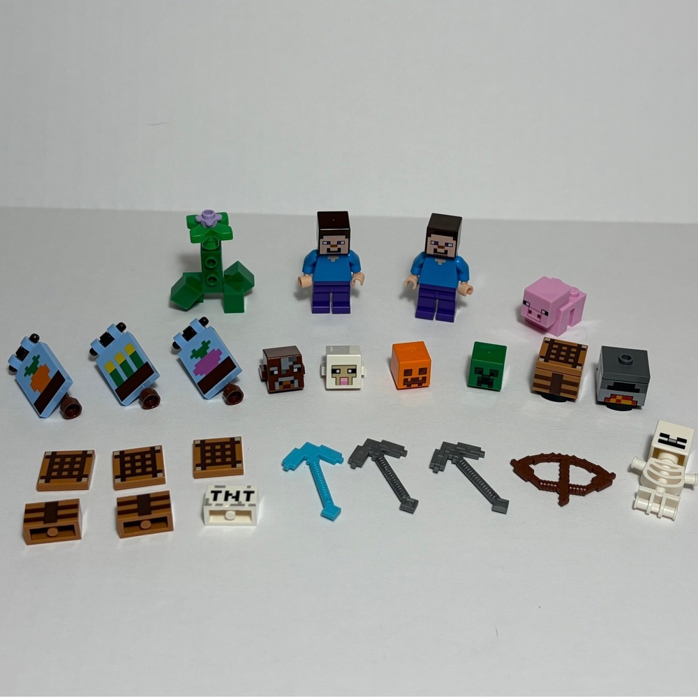 LEGO Minecraft Minifigure Parts Accessories Lot Steve Skeleton Pig Tools Banners